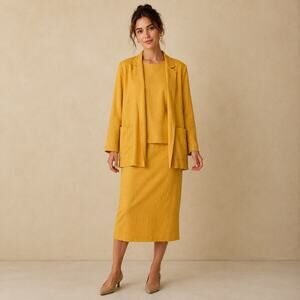Vintage Giorgio 3 Piece Mustard Yellow Raw Silk Skirt Suit Blazer Top M/L